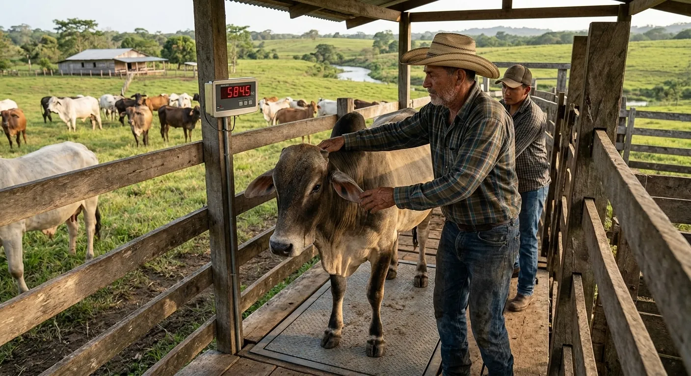 Pesaje de una res en la báscula del corral