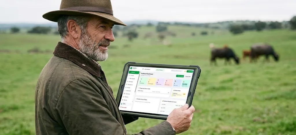 Un ganadero revisa FincaX en una tablet en el potrero