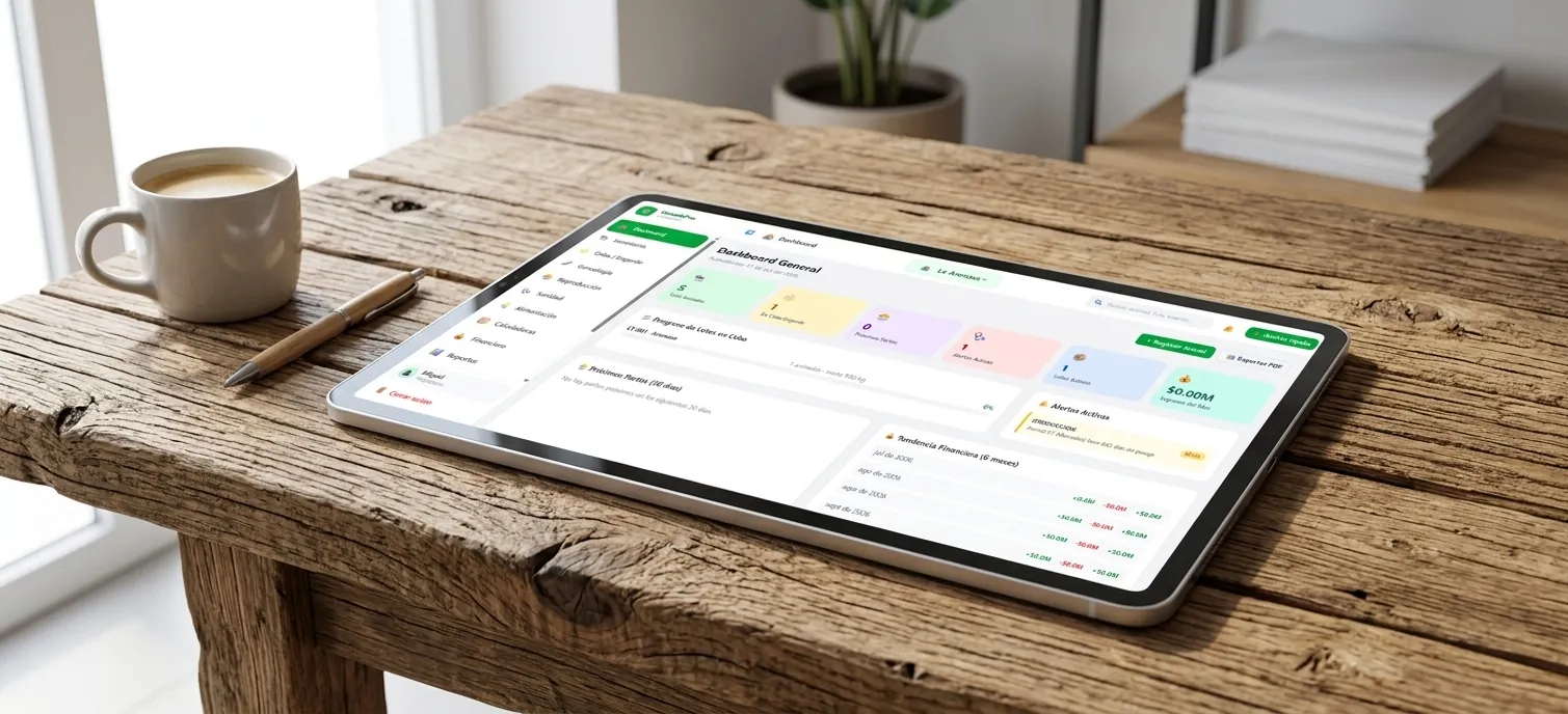 El panel de FincaX en una tablet sobre un escritorio de madera